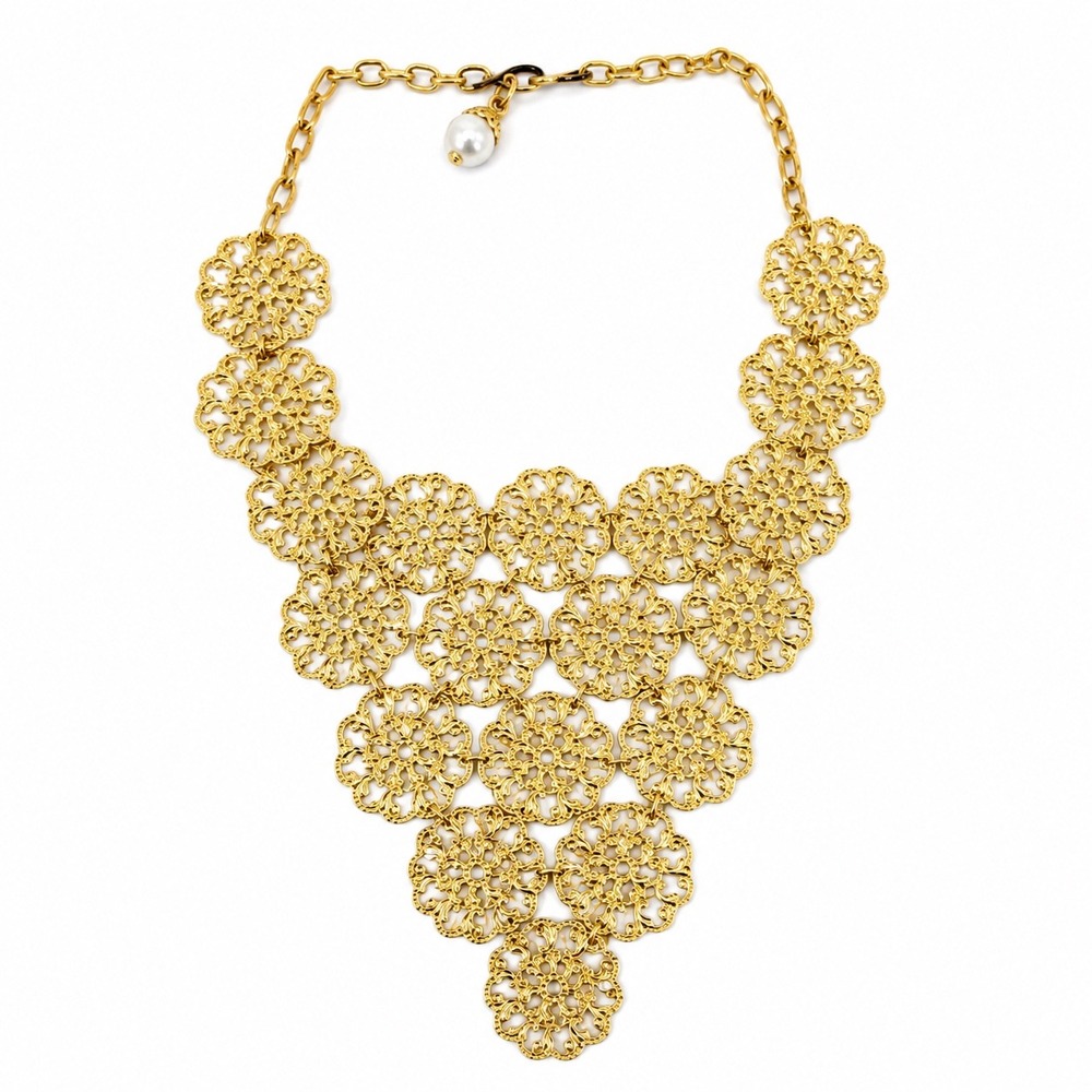 Vintage Gold Tone Filigree Bib Statement Necklace Adjustable Faux Pearl 1970s‎